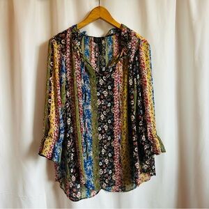 OLM semi sheer long sleeve vneck patchwork & ruffle art to wear blouse